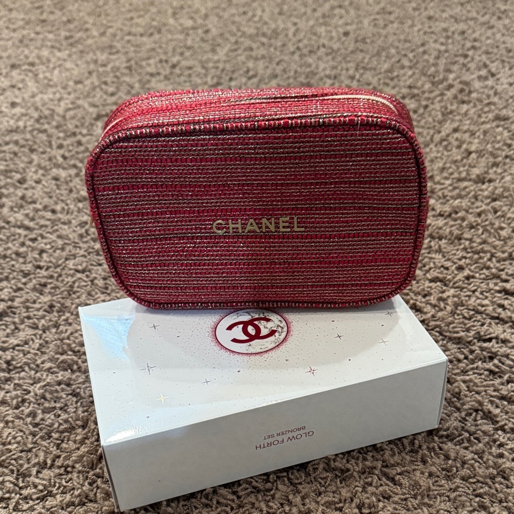 CHANEL Red and Gold Striped Pouch